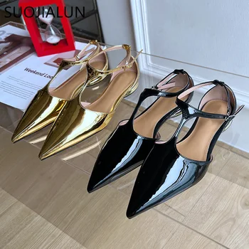 SUOJIALUN, женски нови маркови обувки на плоския токчета, модерни златни дамски елегантни обувки с остри пръсти, обувки Mary Jane за ниска пета