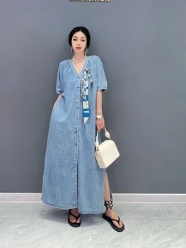 SuperAen 2023, лятно ново джинсовое Макси рокля в корейски стил с V-образно деколте и висока талия за жени