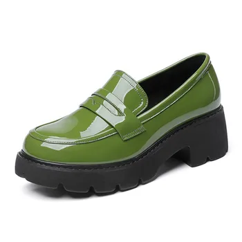Syflyno/Лоферы; Дамски Обувки от Естествена кожа; Пролетен Дамски Обувки на платформа-Големи Размери; Модерни зелени Училищни обувки В Британския Стил; Дамски Обувки