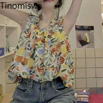 Tinomiswa, скъсяване на върховете в плажен стил, дамски скъпа риза с флорална принтом, дамски градинска облекло, без жилетка без ръкави, женски камизола