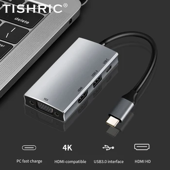 TISHRIC 4 в 1 USB HUB Type C, адаптер/сплитер с няколко пристанища, док-станция, съвместима с Type-C HDMI, VGA, мощността PD, ХЪБ USB 3.0