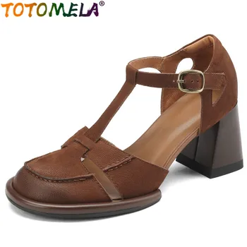 TOTOMELA 2023, нови ретро сандали от естествена кожа, дамски офис дамски модел джапанки, обувки на платформа с катарама на високо квадратен ток