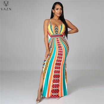 VAZN 2021, ново богемное дълга рокля в ретро стил, Жокера, с открити рамене, без облегалка, свободно женствена рокля Макси трапецовидна форма, с висока талия