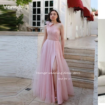 Verngo, елегантни детски официални рокли за бала от розов тюл с перли в едно рамо, арабско-секси вечерна рокля за парти, Празнична рокля на Булката