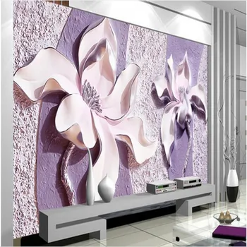 wellyu Индивидуални мащабни стенописи с релефни лилава магнолия, 3D TV фон, стенни тапети, тапети за стени d 3