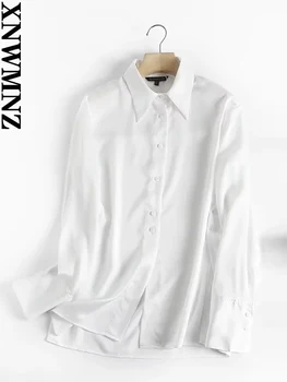 XNWMNZ 2023, дамски модни сатен елегантна риза, дамски ежедневни риза с ревери, дълги ръкави и цепка отстрани, офис женски топ, дамски елегантна блуза