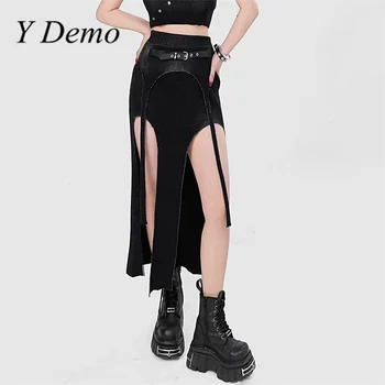 Y Demo Готическата асиметрична Секси тънка трикотажная пола с висока талия, дамски технологичная пола с колан