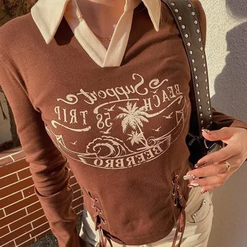 Y2K реколта кафява укороченная тениска жена на 90-те години Естетичен стил на улицата, hoody с модел под формата на ленти и дантели топ с дълъг ръкав