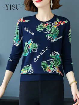 YISU/ Нов дамски вязаный пуловер с кръгло деколте и принтом растения, Блузи, дамски жилетки с дълъг ръкав, без всекидневни вязаный пуловер, дамски дрехи