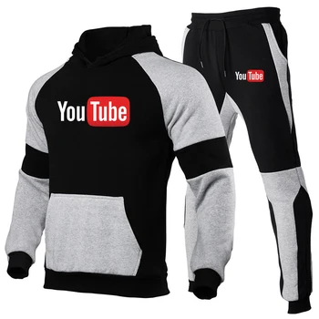 YouTube 2023, Нов Мъжки Комплект спортни Панталони, Спортни дрехи, Hoody с качулка + Панталон, Пуловер, Блузи, Спортни и Ежедневни Облекла, Комплекти от 2 теми