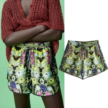 Za 2021, къси панталони-бермуди, дамски летни панталони от зелен принтом и висока талия, женски реколта свободни всекидневни комплекти улични шорти