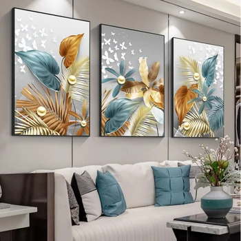 Абстрактни златни листа пеперуди Печат на плакат на стената Луксозна картина върху платно Модерна офис изкуство и картини за хола Начало Декор