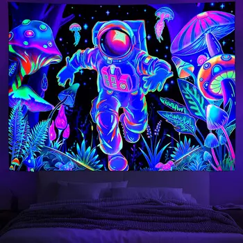 Астронавтите UV-Флуоресцентно Гоблен Черно Светъл Гоблен Естетически Стенен Гоблен в стил Хипи за Спални Инди-Декор