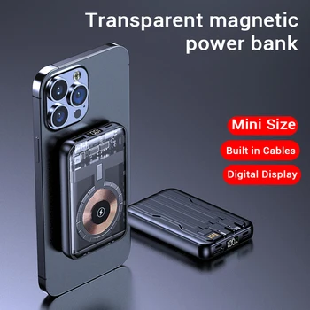 Безжично зарядно устройство Macsafe Powerbank Qi капацитет 20000 ма, мини-прозрачен външен допълнителен резервна батерия за iphone 14 Xiaomi