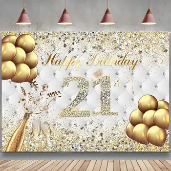 Блестящ Фон С 21-ия Рожден Ден на Индивидуални Златни Балони Фон За Парти По Случай рождения Ден С Диаманти Доставка на Шампанско