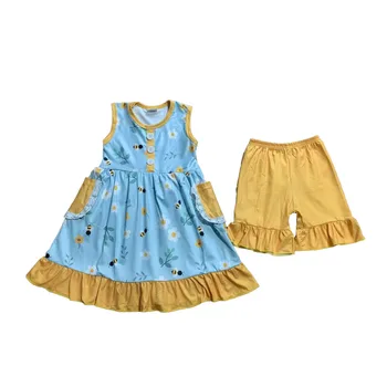 Бутик летни бебешки дрехи за момиченца с пчелен принтом, къса рокля без ръкави и изгорени панталони, комплект къси облекло