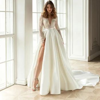 Бяло елегантна вечерна дълга рокля, секси лятна рокля с дълъг ръкав, выдолбленный V-образно деколте, луксозни макси-рокли, Директна доставка на едро