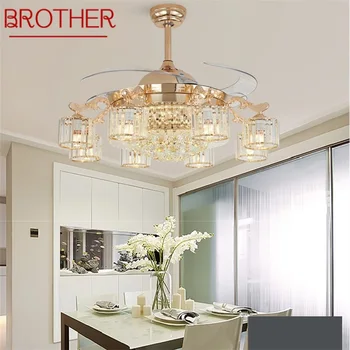 Вентилатор на тавана BROTHER Осветява Луксозен кристален лампа с дистанционно управление без острие, съвременна злато за домашна трапезария