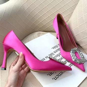 Вечерни дамски обувки на висок Ток с декорация във формата на Кристали, Розови основни обувки-лодка с Остри Пръсти, Вечерни Обувки За Парти, zapatos de tacon mujer elegantes