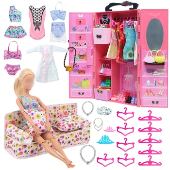 Висококачествен Куклен Шкаф Пластмасов Шкаф с огледало, Мебели за спални, аксесоари за дрехи за кукли 30 см, играчки за куклена къща