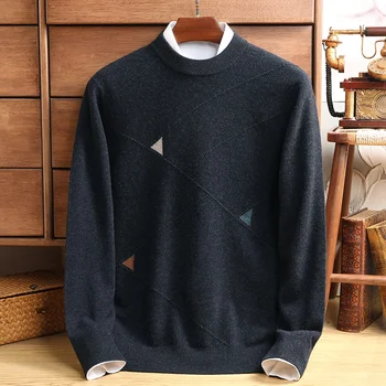 Висококачествен луксозен пуловер от 100% вълна, мъжки нова модна линия, жаккардовый пуловер с кръгло деколте, есенно-зимния дебел топъл пуловер