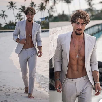 Висококачествени летни плажни смокинги Slim Fit за младоженеца, сватбени костюми, мъжки абитуриентски бал, двойка (яке + панталон)