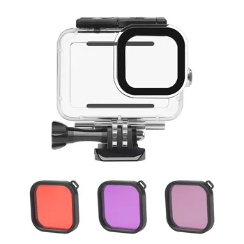 Водоустойчив калъф за екшън-камера + червено и розово лилаво набор от филтри за подмяна на GoPro Hero 9 Гмуркане, сърф, гмуркане