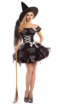Възрастен готически Костюм на вещица за Хелоуин Костюм на вещица за парти, на Женското Сексуално черно тюлевое Рокля вещици + шапка