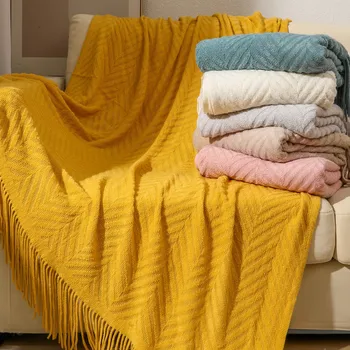 Вязаное одеяло в скандинавски стил с пискюли, офис одеало за спане, покривки за климатик, калъф за мека мебел, мека шал, топло однотонное кърпа на края на леглото