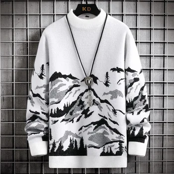 Вязаный мек вълнен плат пуловер Harajuku за мъже 2023, Есен-Зима, Нови Свободни пуловери с планински модел, годината на Реколтата мъжки модни Пуловери, Блузи