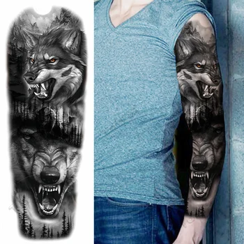 Големи Временни татуировки по целия ръкав за мъже и Жени, реалистични вълк-като lions шипове, тотемный Цвете, Рицар, фалшива Татуировка, стикер на ръка, Татуировки