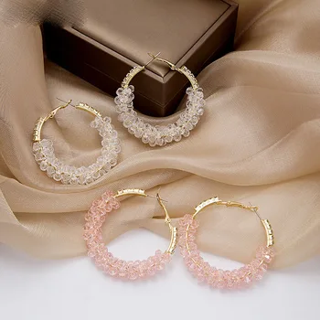 Големи, Розово-Бели Кристални Мъниста, Обици-халки за Жени, корейски Кръгли Луксозни кристали, Елегантни Сватбени бижута, Мода 2023