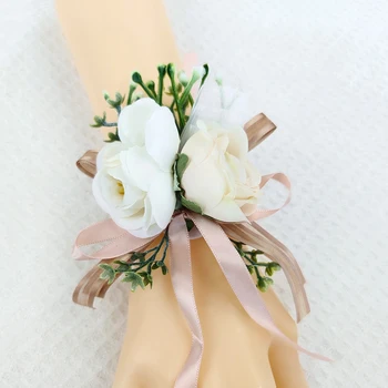 Гривна от сатенена бяла лилия на китката на шаферките на булката, булчински, абитуриентски, изкуствени цветя, сатен роза, декор за сватбени партита със собствените си ръце