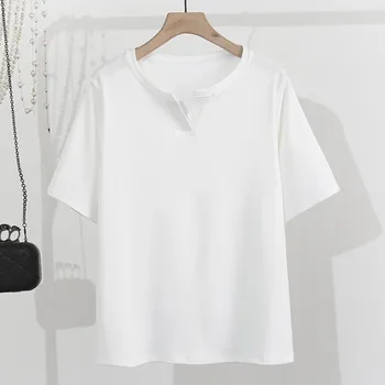 Дамски базова тениска големи размери 2023, летни памучни блузи с къс ръкав, свободни тениски с V-образно деколте, негабаритная крива облекло T81-3391