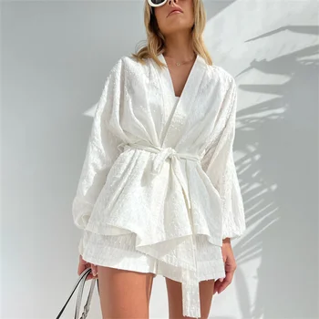 Дамски Летни модни халати за баня с дълъг ръкав, отгоре, комплекти от две части, 2023, дамски комплекти, всекидневни бял домашен костюм, елегантни къси панталони, дамски комплекти