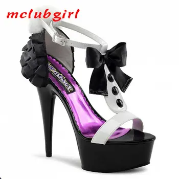 Дамски летни сандали на висок ток с лък на тънък ток за нощен клуб от 15 cm ток 5 см, платформа YKC