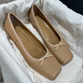 Дамски обувки с папийонка, 2023 г., луксозни дизайнерски обувки на плоска подметка с квадратни пръсти, ежедневни дамски обувки с възел-пеперуда, Chaussure Femme