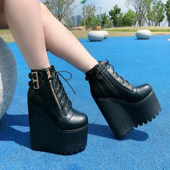 Дамски обувки, черни обувки танкетке, бели обувки на висок ток 16 см, ботильоны на платформата с шнур за жени