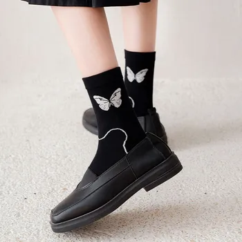 Дамски памучни чорапи с модерен принтом пеперуди, просто случаен тенденция, универсални дамски чорапи за екипажа в корейския академик стил K118