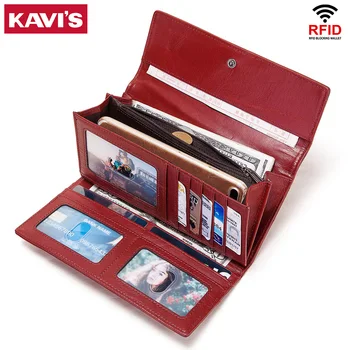 Дамски портмонета KAVIS от естествена кожа със защита от радиочестотна идентификация, притежател на кредитна карта от портмонето, клатч голям капацитет за мобилен телефон