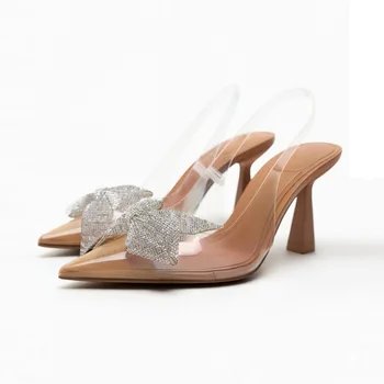 Дамски прозрачни сандали с остри пръсти на висок ток, модни летни сандали Za 2023, украсени с лък с кристали и диаманти, обувки-лодка на висок ток от PVC