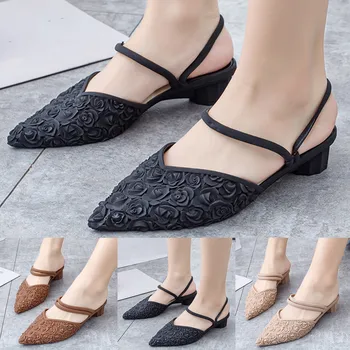 Дамски сандали 2023, летни дамски сандали с остри пръсти на ниски токчета, модерни банкет рокля с цветен модел, обувки-лодка за сватбени партита, дизайнерски дамски обувки