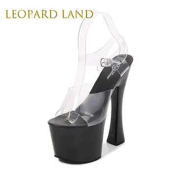 Дамски сандали ЛЕОПАРД LAND, прозрачни, с рибено уста, летни, сексуална, серията 1100, ток 20 см, платформата е 10 см, LFD