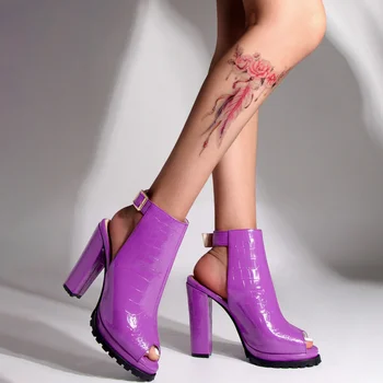 Дамски сандали на висок ток 2023, Летни модни сандали от лачена кожа, с отворени пръсти и ключалката на щиколотке, женски модел обувки Sandalia Feminina
