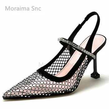 Дамски сандали на висок ток с кристали, прозрачни сандали с острия пръсти, дамски обувки на плитка черна висок ток