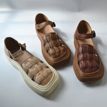 Дамски сандали на равна подметка от естествена кожа, с квадратни пръсти, здрава дишаща дамски обувки ръчна изработка в стил ретро, кафяв, тканая, бежовата дамски обувки
