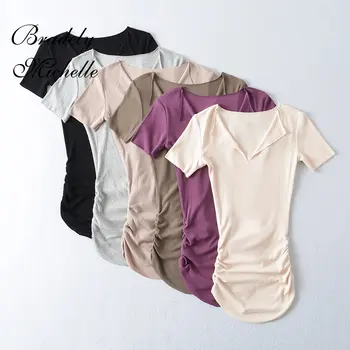 Дамски секси съкратен блузи с яка, летен монофонични съкратен топ с къс ръкав, укороченная къса тениска, скъсяване на върховете