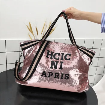 Дамски Чанти-тоут с букви и пайети голям капацитет, ежедневни дизайнерска чанта-месинджър през рамо, жените пътна чанта за пазаруване