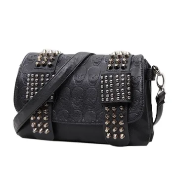 Дамски Черни Кожени чанти-незабавни посланици с череп и нитове, чанти през рамо в стил пънк, bag-чанта, дамска чанта и портфейл
