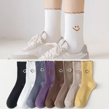 Дамски чорапи с двойна бродерия и ръкав с открита усмивка, дамски чорапи с контрастни дантела, Дамски памучни чорапи с обикновена бродерия